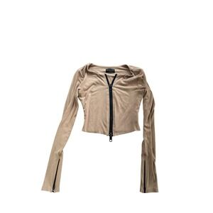 WHITE‎ FOX Ribbed Knit Crop Zip-Up Top XS Tan Y2K Street Style Neutral Aesthetic